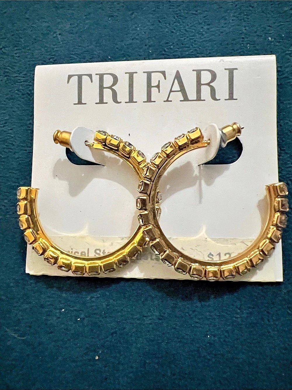 Trifari Hoop Earrings w/Rhinestones in Gold tone NWT